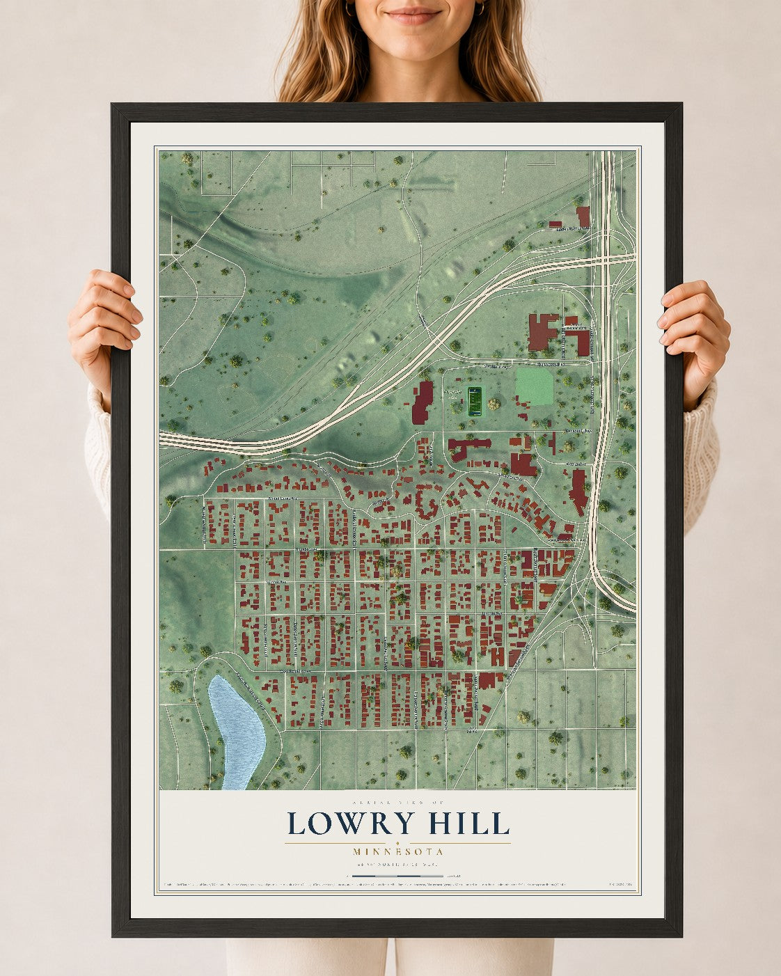 Map of Lowry Hill, Minnesota, 24 x 36 inch print in a black wood frame