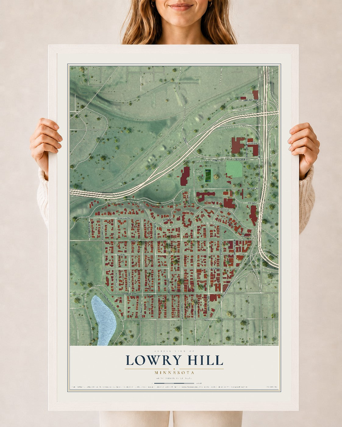 Map of Lowry Hill, Minnesota, 24 x 36 inch print in a white wood frame