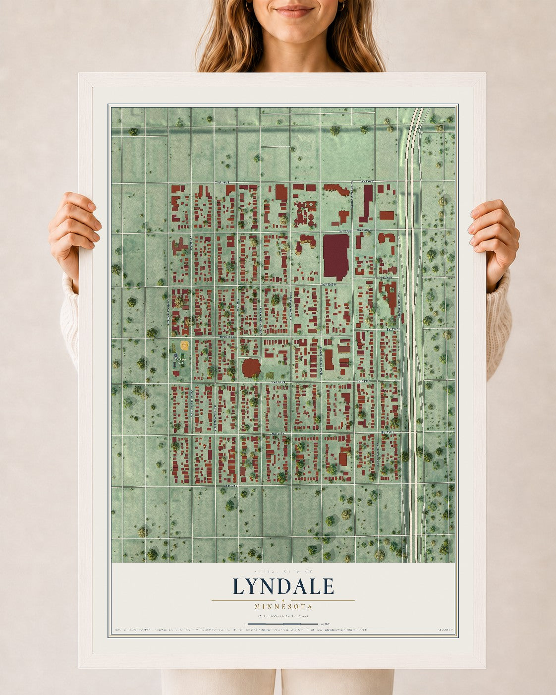 Map of Lyndale, Minnesota, 24 x 36 inch print in a white wood frame