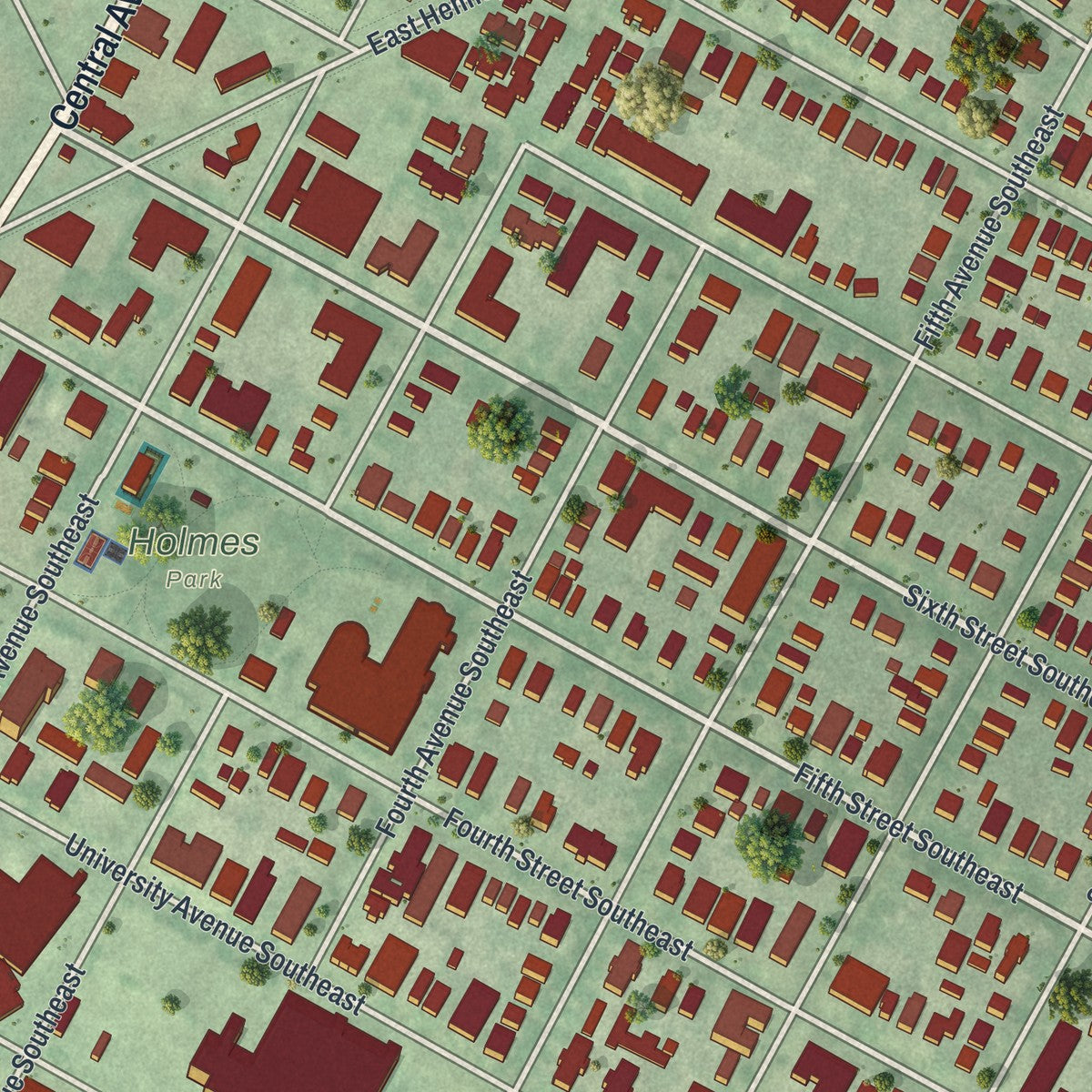 Close-up of the map of Marcy Holmes, Minnesota print showing street and building detail