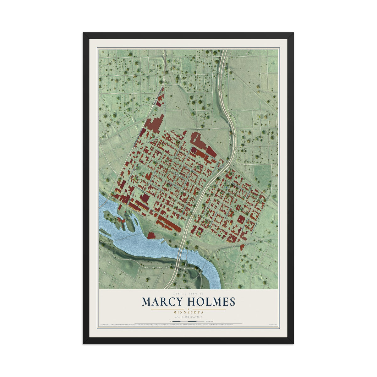 Map of Marcy Holmes, Minnesota, 12 x 18 inch print in a black wood frame