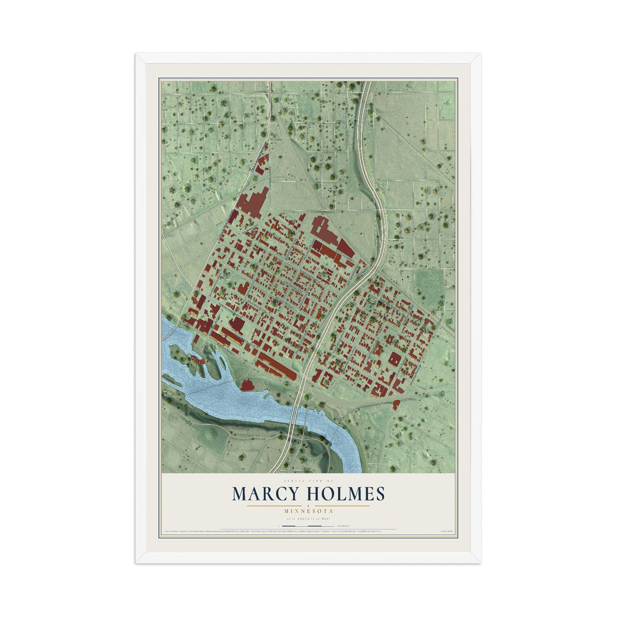 Map of Marcy Holmes, Minnesota, 12 x 18 inch print in a white wood frame