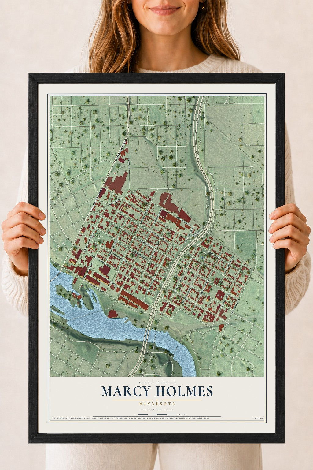 Map of Marcy Holmes, Minnesota, 18 x 24 inch print in a black wood frame