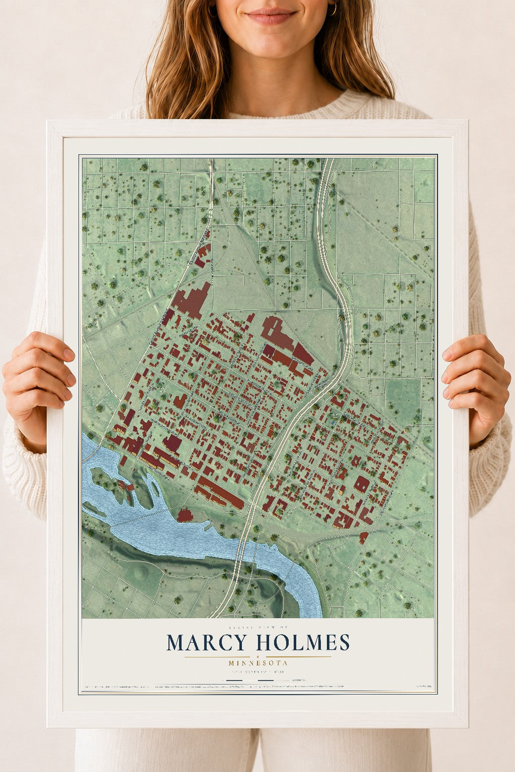 Map of Marcy Holmes, Minnesota, 18 x 24 inch print in a white wood frame
