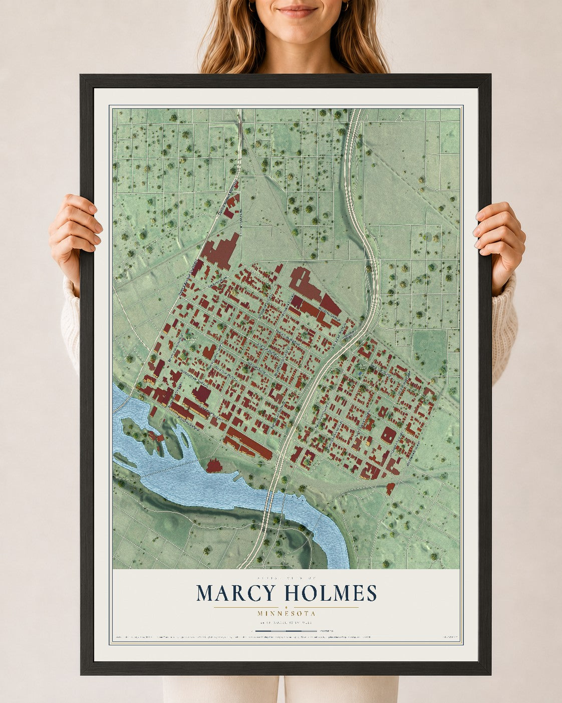 Map of Marcy Holmes, Minnesota, 24 x 36 inch print in a black wood frame