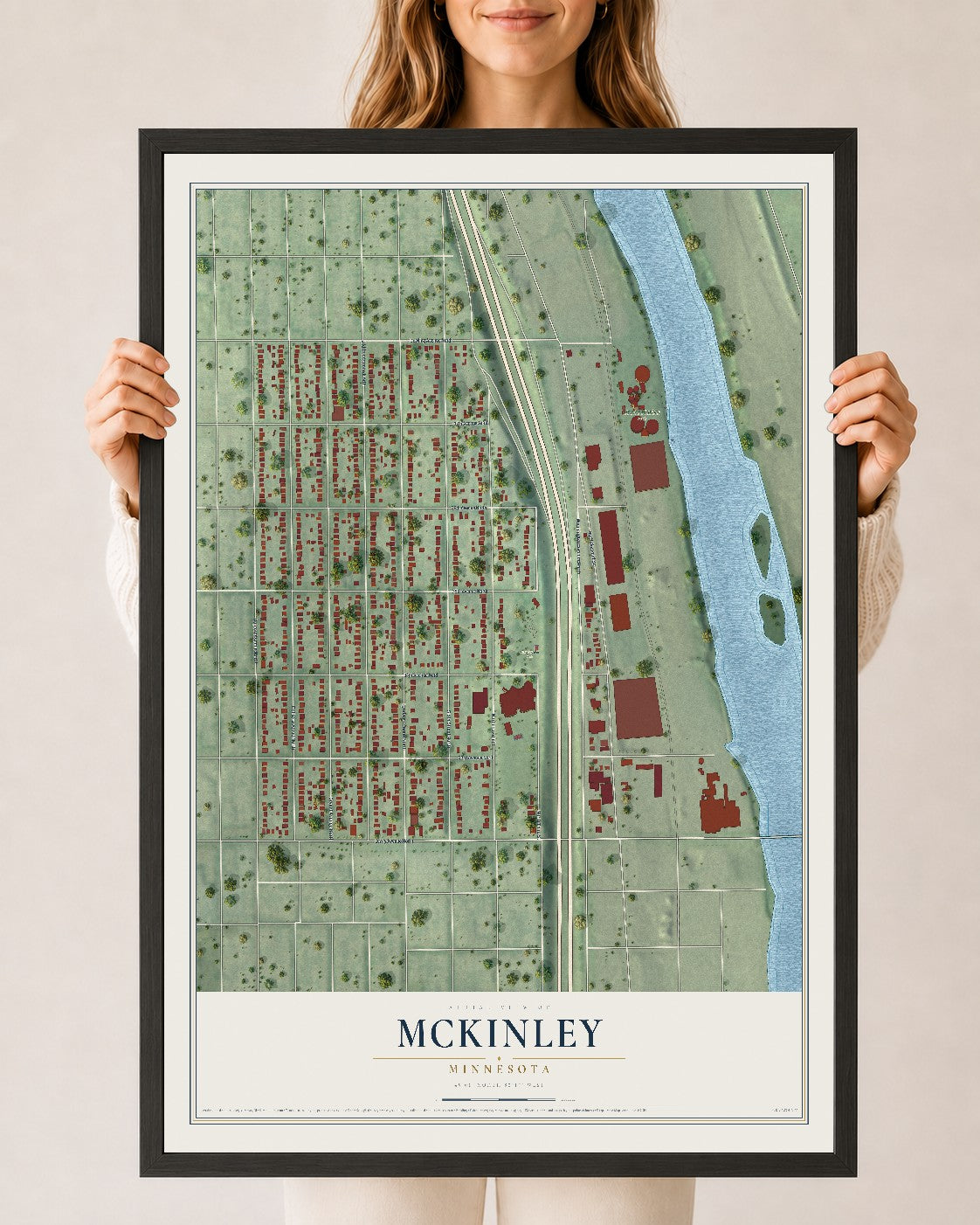 Map of McKinley, Minneapolis, Minnesota, 24 x 36 inch print in a black wood frame