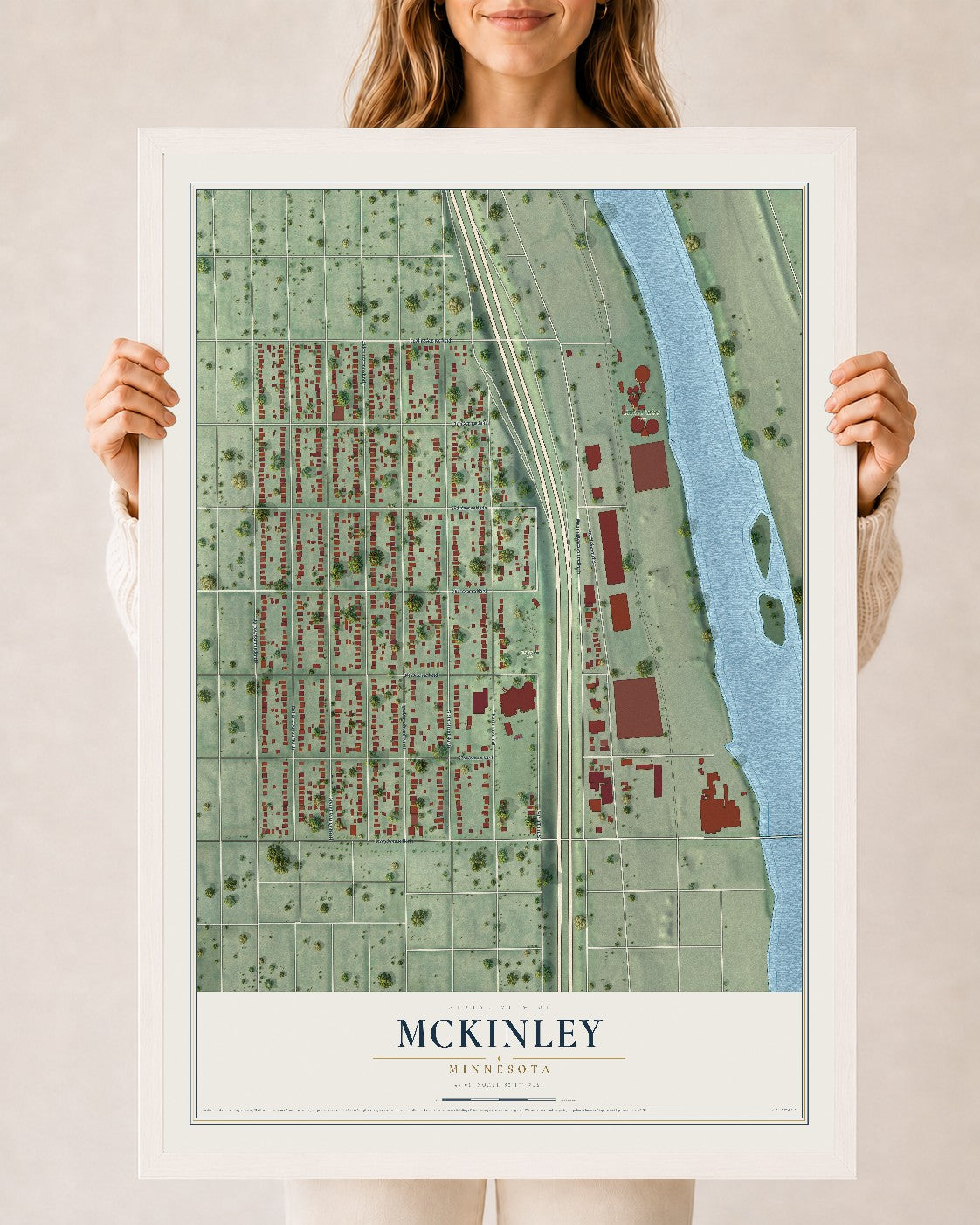 Map of McKinley, Minneapolis, Minnesota, 24 x 36 inch print in a white wood frame