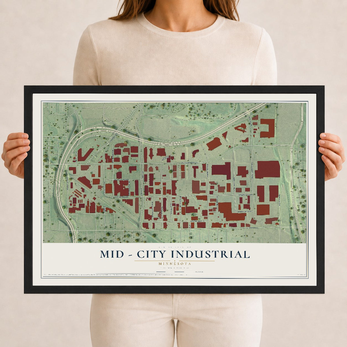 Map of Mid - City Industrial, Minnesota, 12 x 18 inch print in a black wood frame