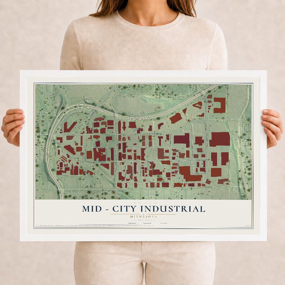 Map of Mid - City Industrial, Minnesota, 12 x 18 inch print in a white wood frame