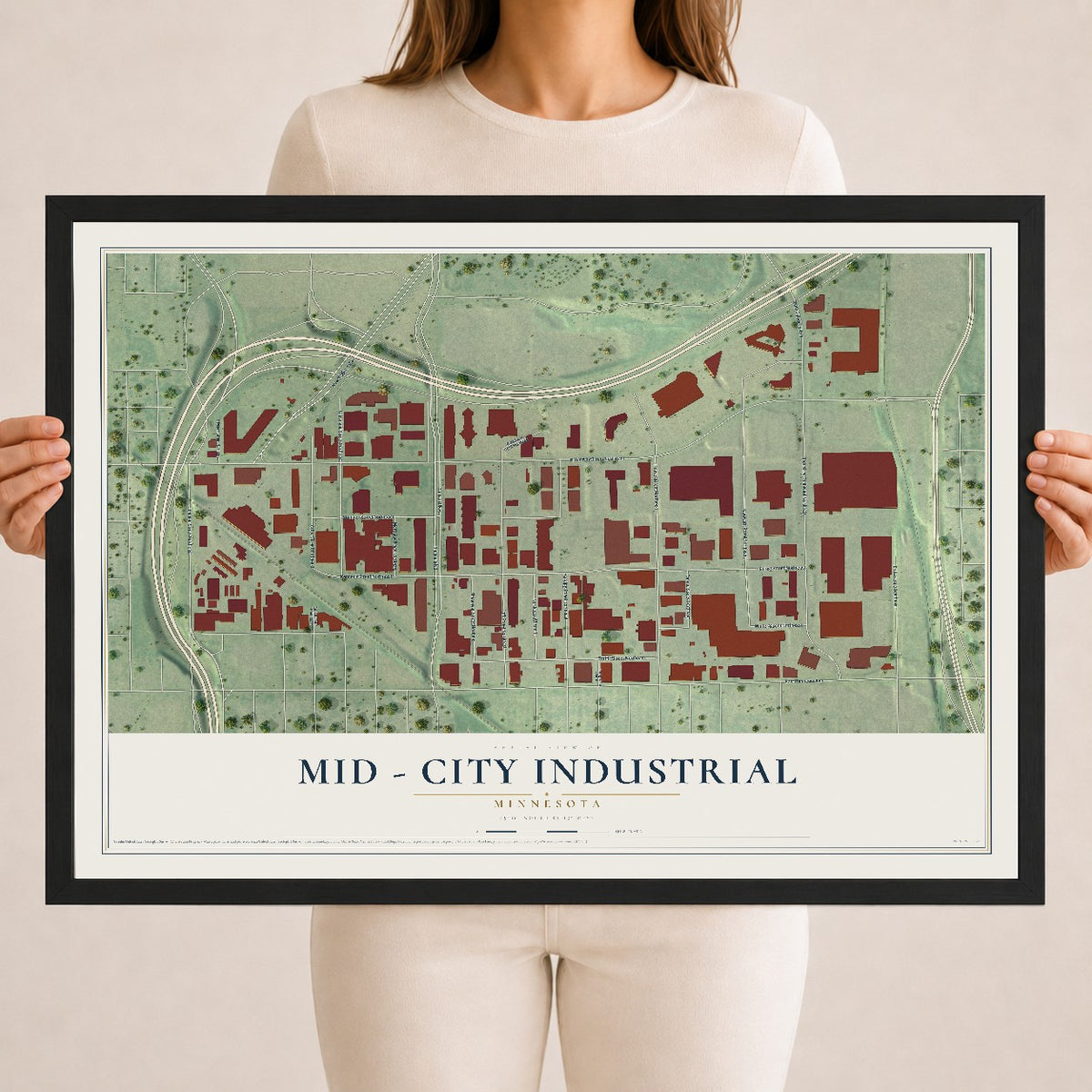 Map of Mid - City Industrial, Minnesota, 18 x 24 inch print in a black wood frame