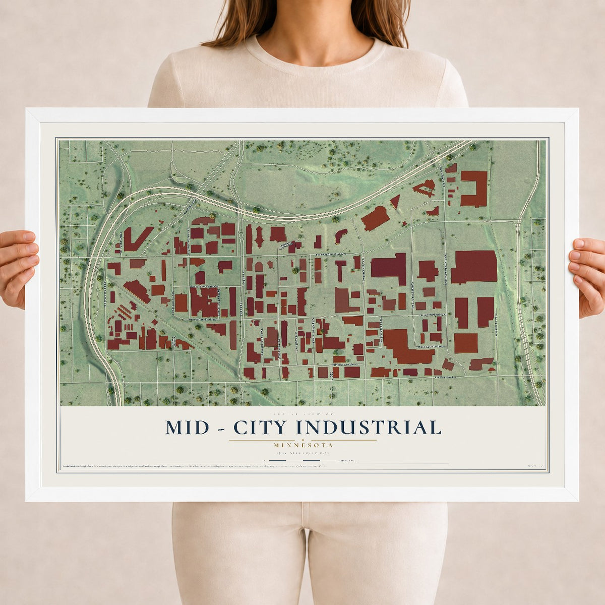Map of Mid - City Industrial, Minnesota, 18 x 24 inch print in a white wood frame