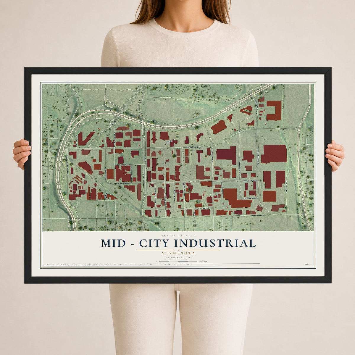 Map of Mid - City Industrial, Minnesota, 24 x 36 inch print in a black wood frame