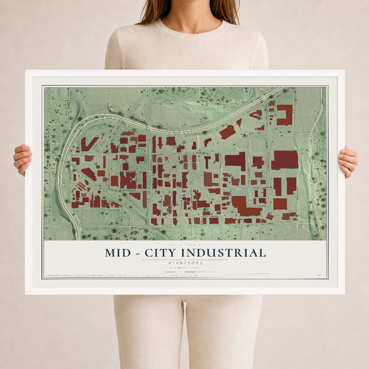 Map of Mid - City Industrial, Minnesota, 24 x 36 inch print in a white wood frame
