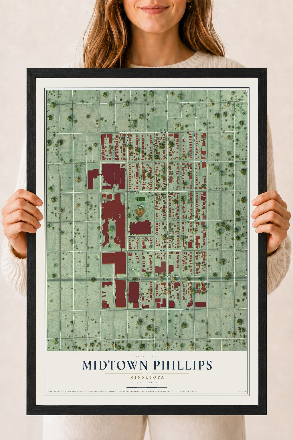 Map of Midtown Phillips, Minnesota, 18 x 24 inch print in a black wood frame