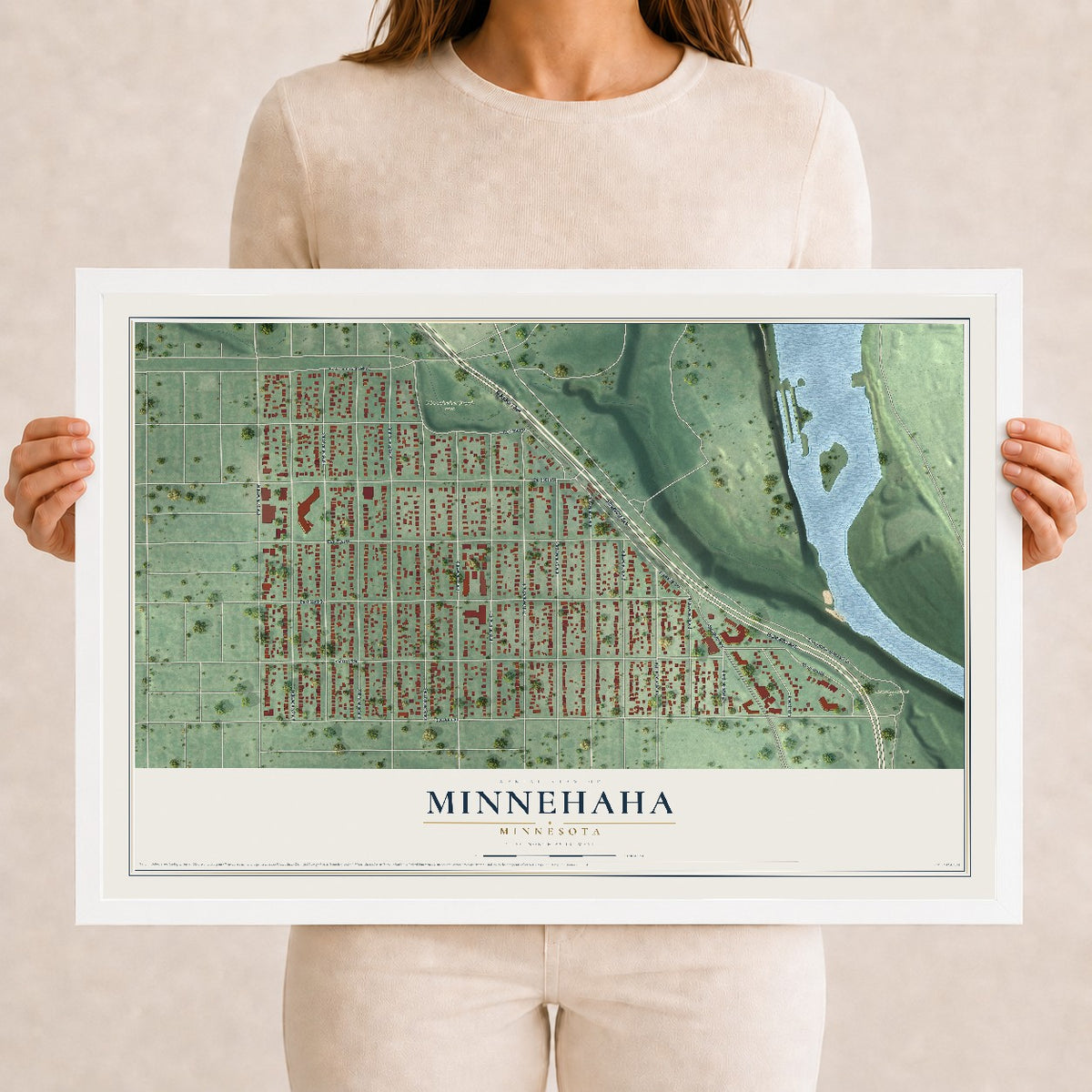 Map of Minnehaha, Minnesota, 12 x 18 inch print in a white wood frame
