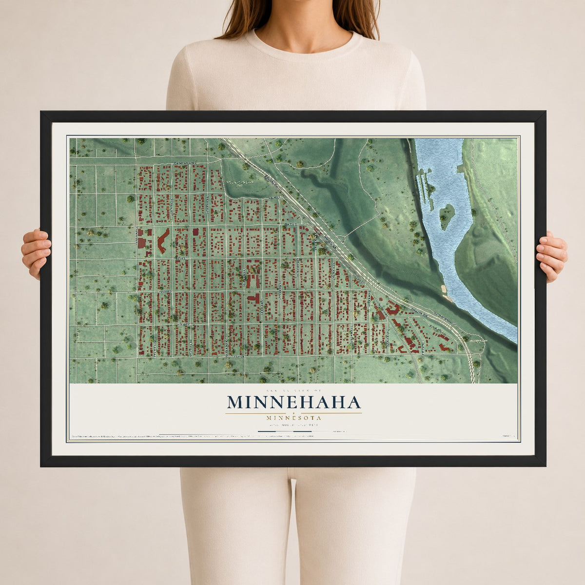 Map of Minnehaha, Minnesota, 24 x 36 inch print in a black wood frame