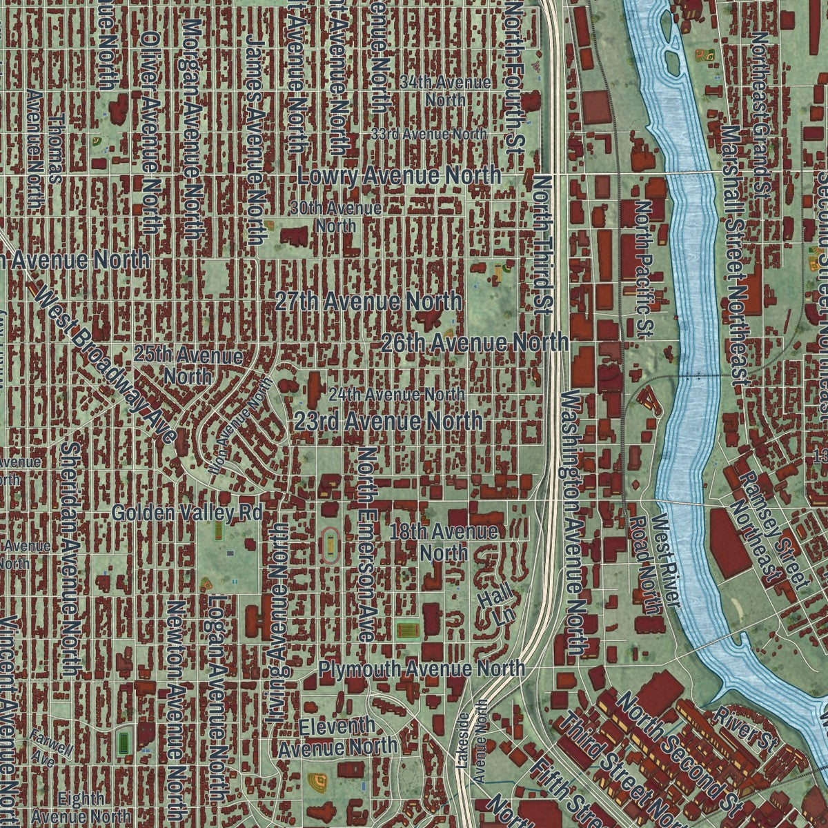 Close-up of the map of Minneapolis, Minnesota print showing street and building detail