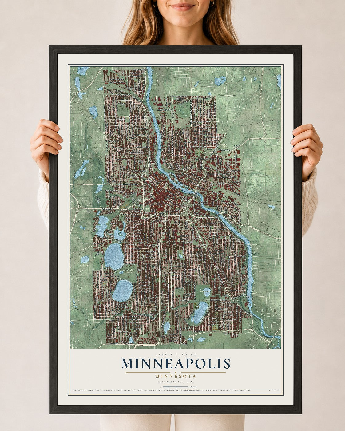 Map of Minneapolis, Minnesota, 24 x 36 inch print in a black wood frame