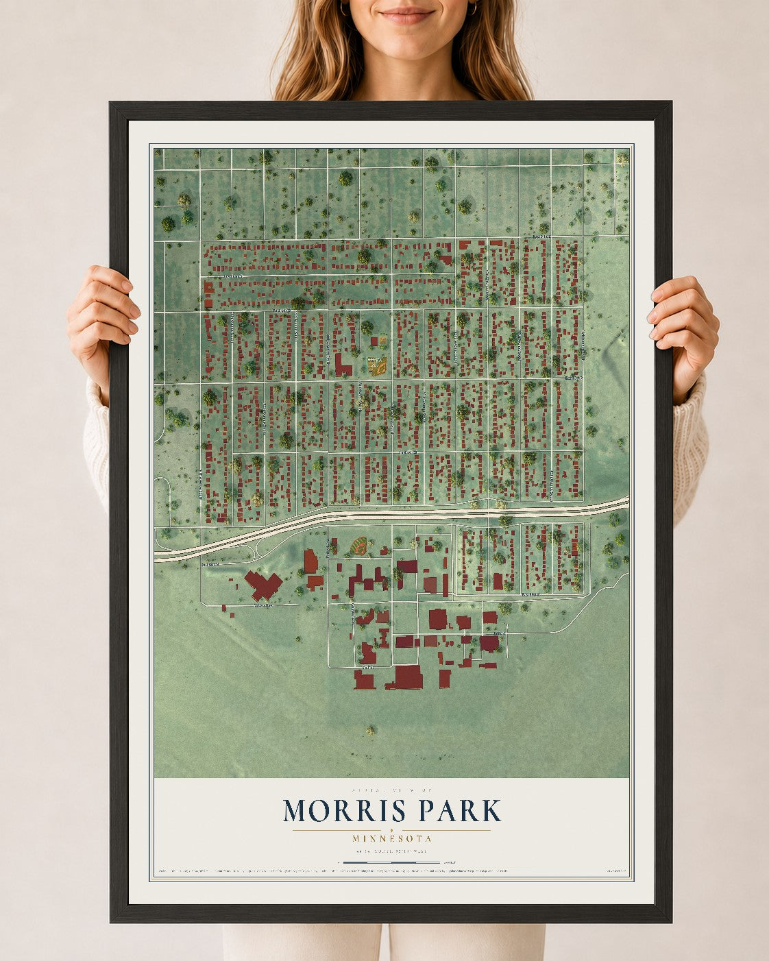 Map of Morris Park, Minnesota, 24 x 36 inch print in a black wood frame