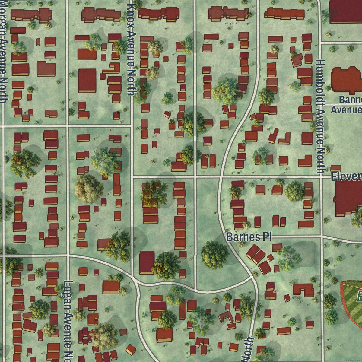 Close-up of the map of Near - North, Minnesota print showing street and building detail