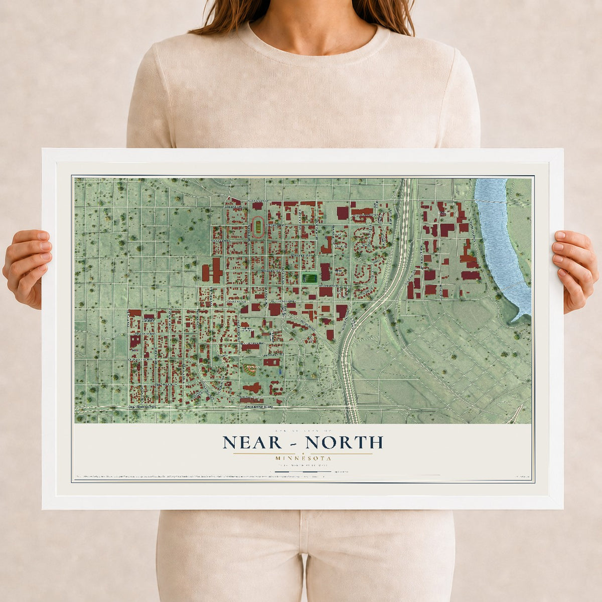 Map of Near - North, Minnesota, 12 x 18 inch print in a white wood frame