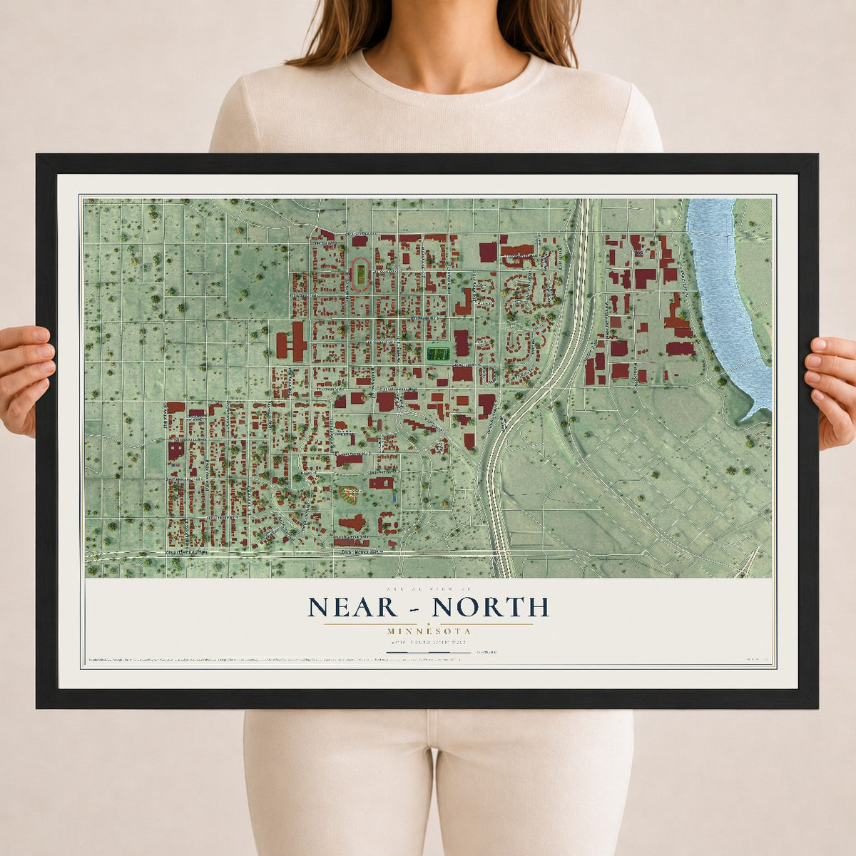 Map of Near - North, Minnesota, 18 x 24 inch print in a black wood frame