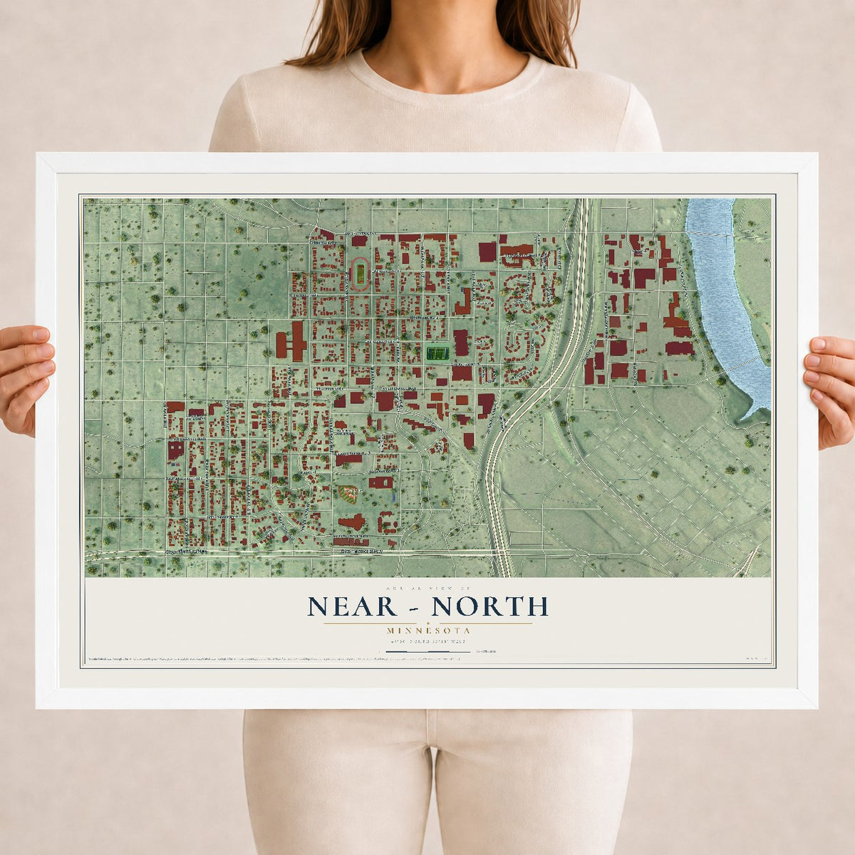 Map of Near - North, Minnesota, 18 x 24 inch print in a white wood frame