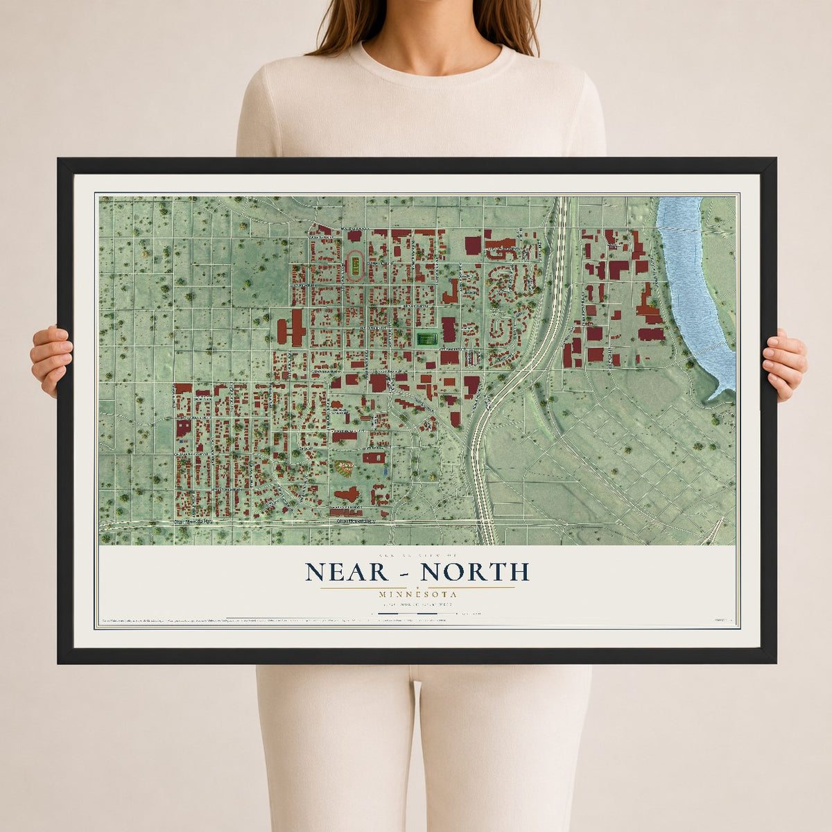 Map of Near - North, Minnesota, 24 x 36 inch print in a black wood frame