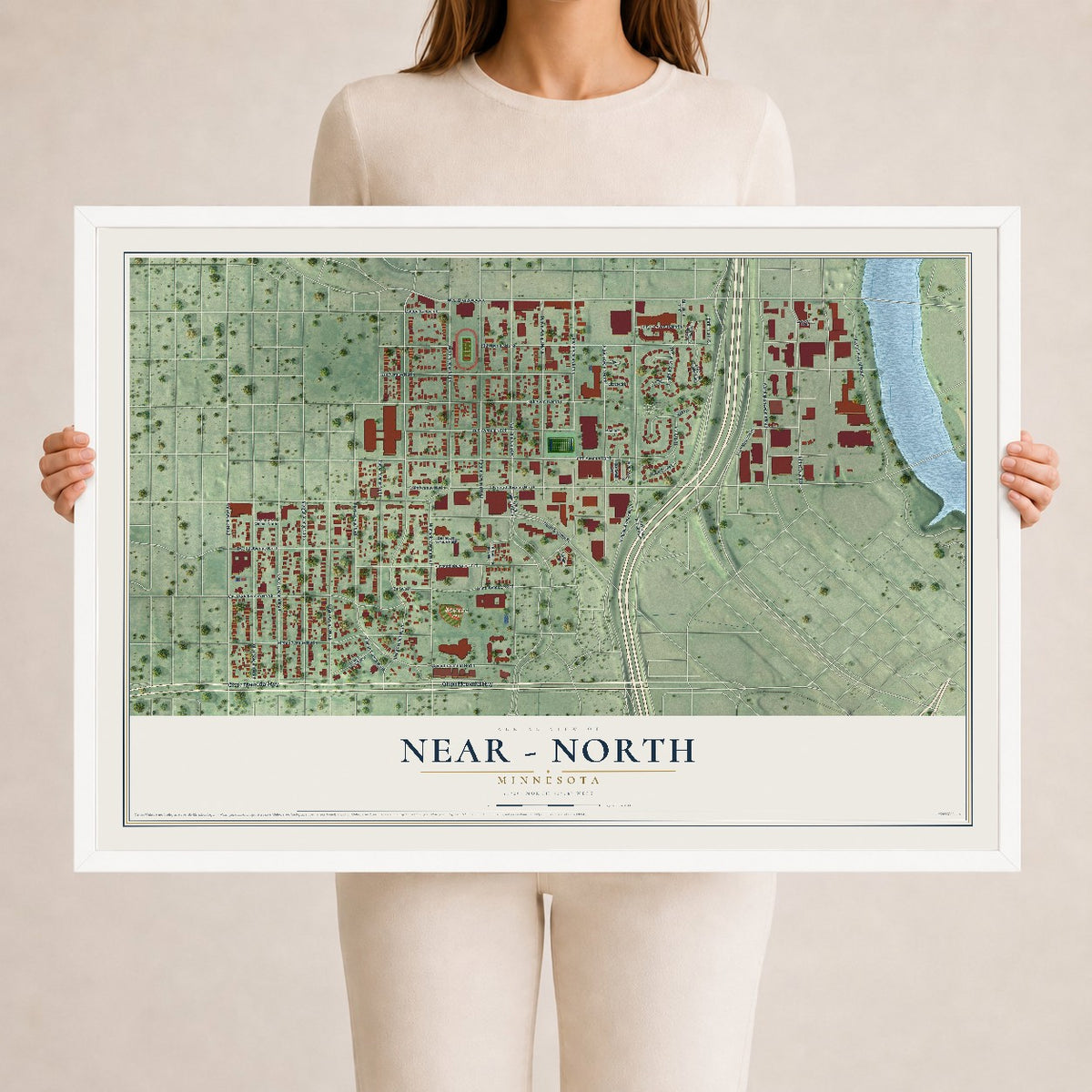 Map of Near - North, Minnesota, 24 x 36 inch print in a white wood frame
