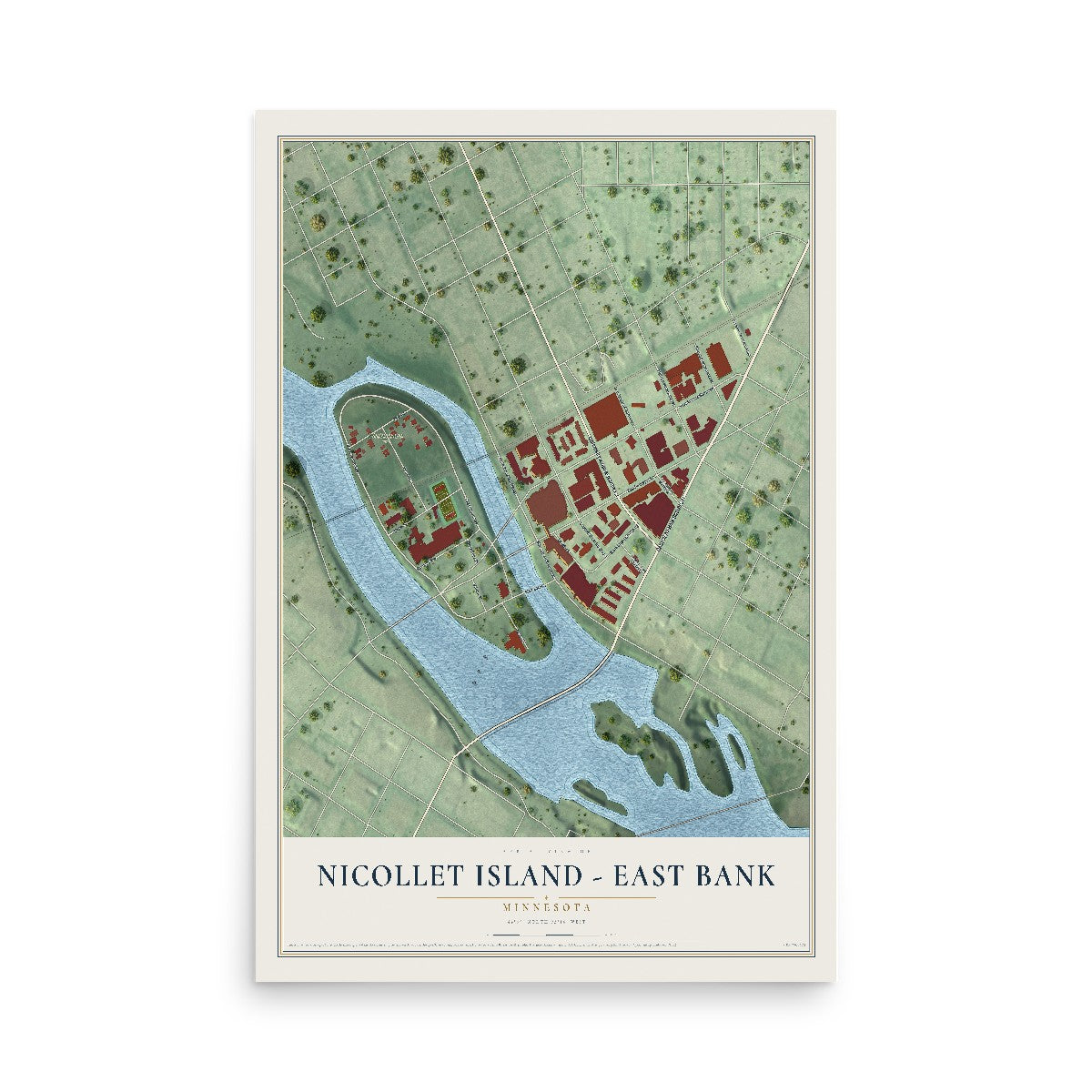 Map of Nicollet Island - East Bank, Minnesota, 12 x 18 inch unframed archival matte print