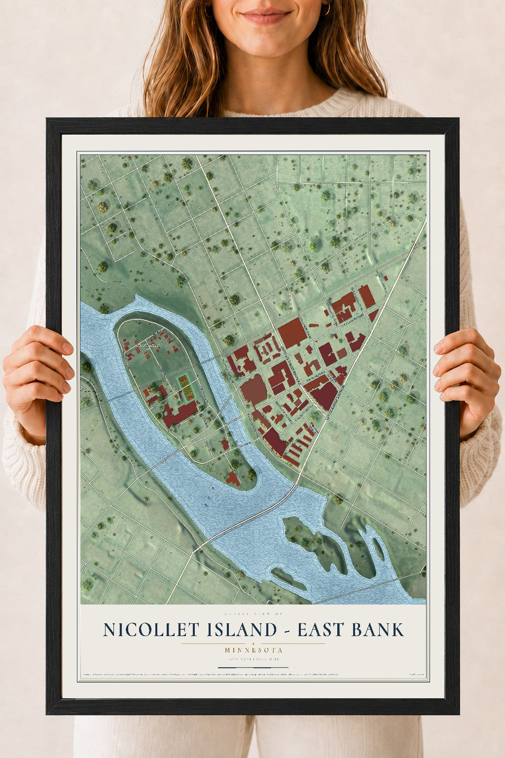Map of Nicollet Island - East Bank, Minnesota, 18 x 24 inch print in a black wood frame
