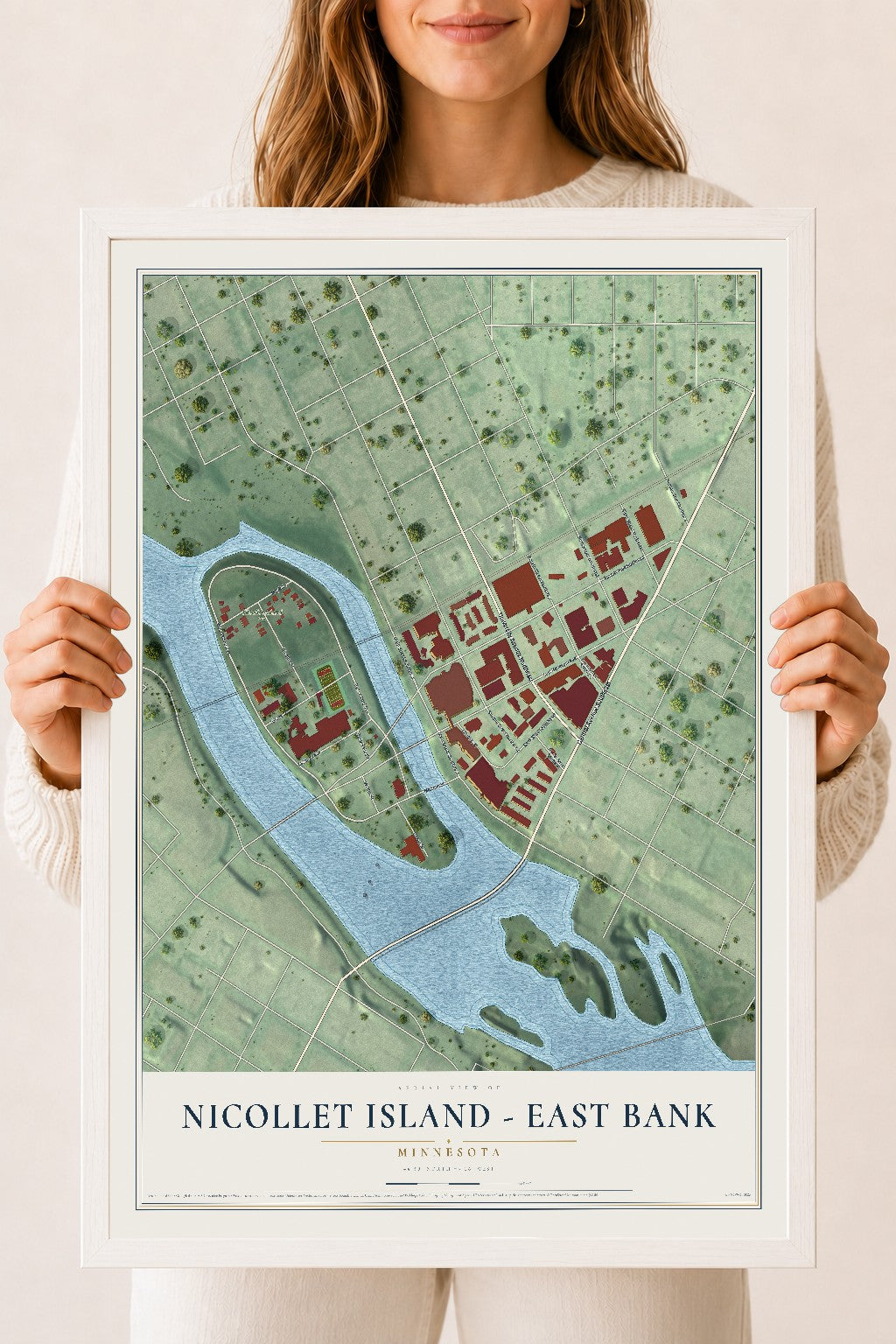 Map of Nicollet Island - East Bank, Minnesota, 18 x 24 inch print in a white wood frame