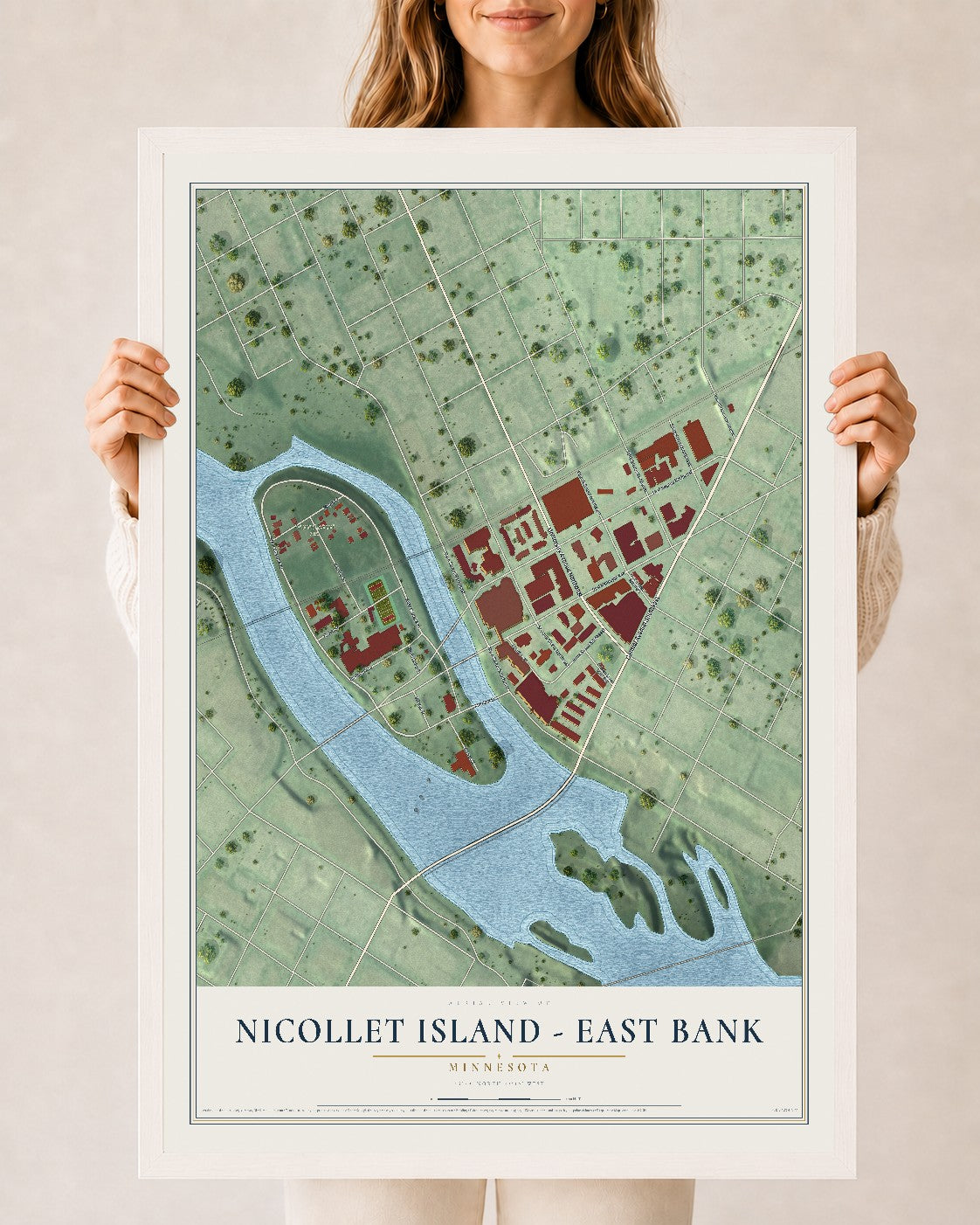 Map of Nicollet Island - East Bank, Minnesota, 24 x 36 inch print in a white wood frame