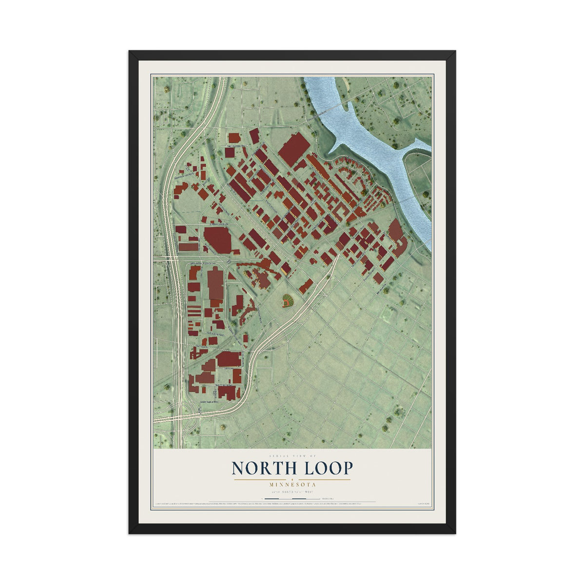 Map of North Loop, Minnesota, 12 x 18 inch print in a black wood frame
