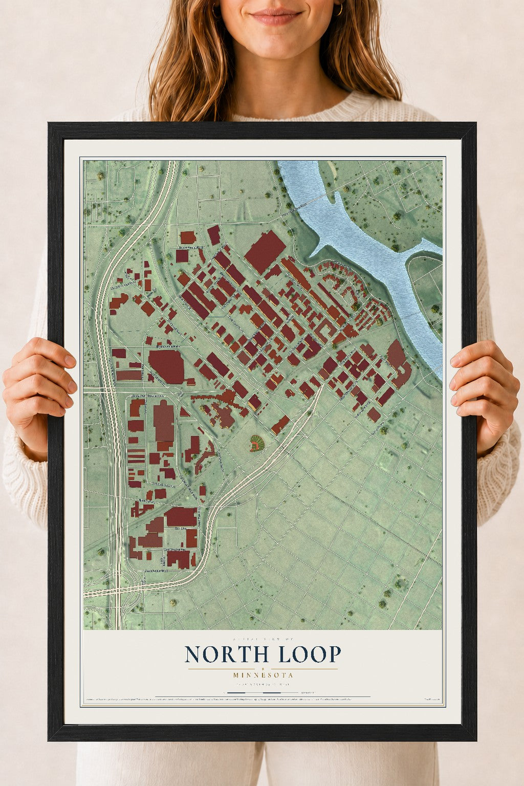 Map of North Loop, Minnesota, 18 x 24 inch print in a black wood frame