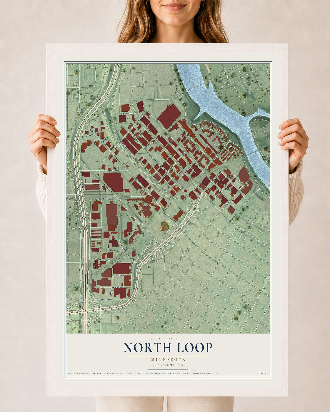 Map of North Loop, Minnesota, 24 x 36 inch print in a white wood frame