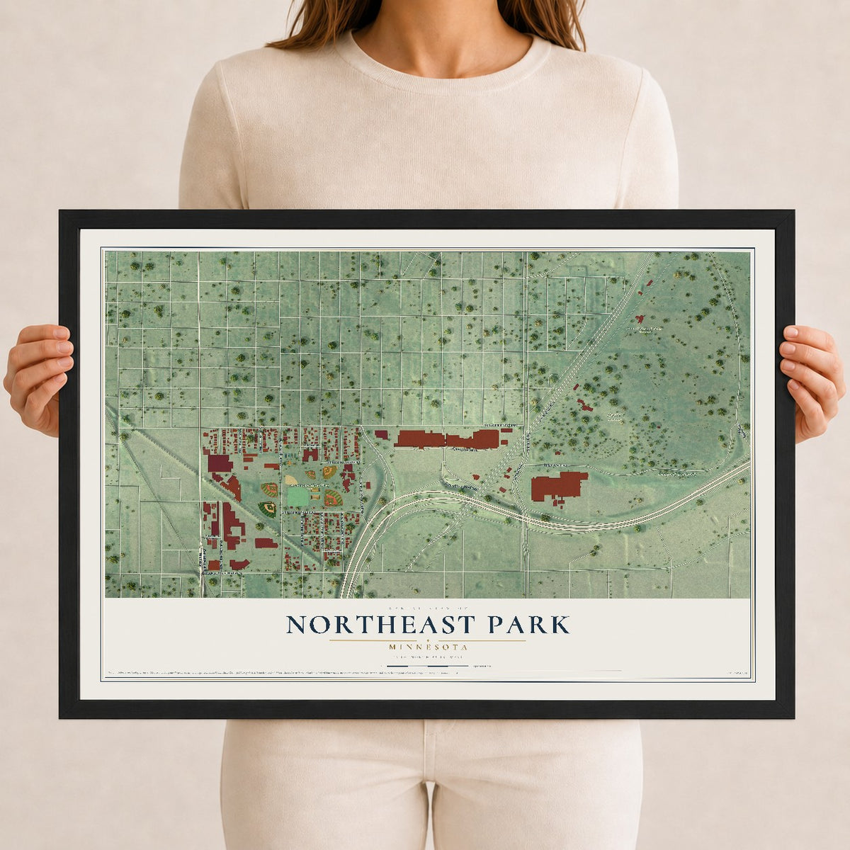 Map of Northeast Park, Minnesota, 12 x 18 inch print in a black wood frame