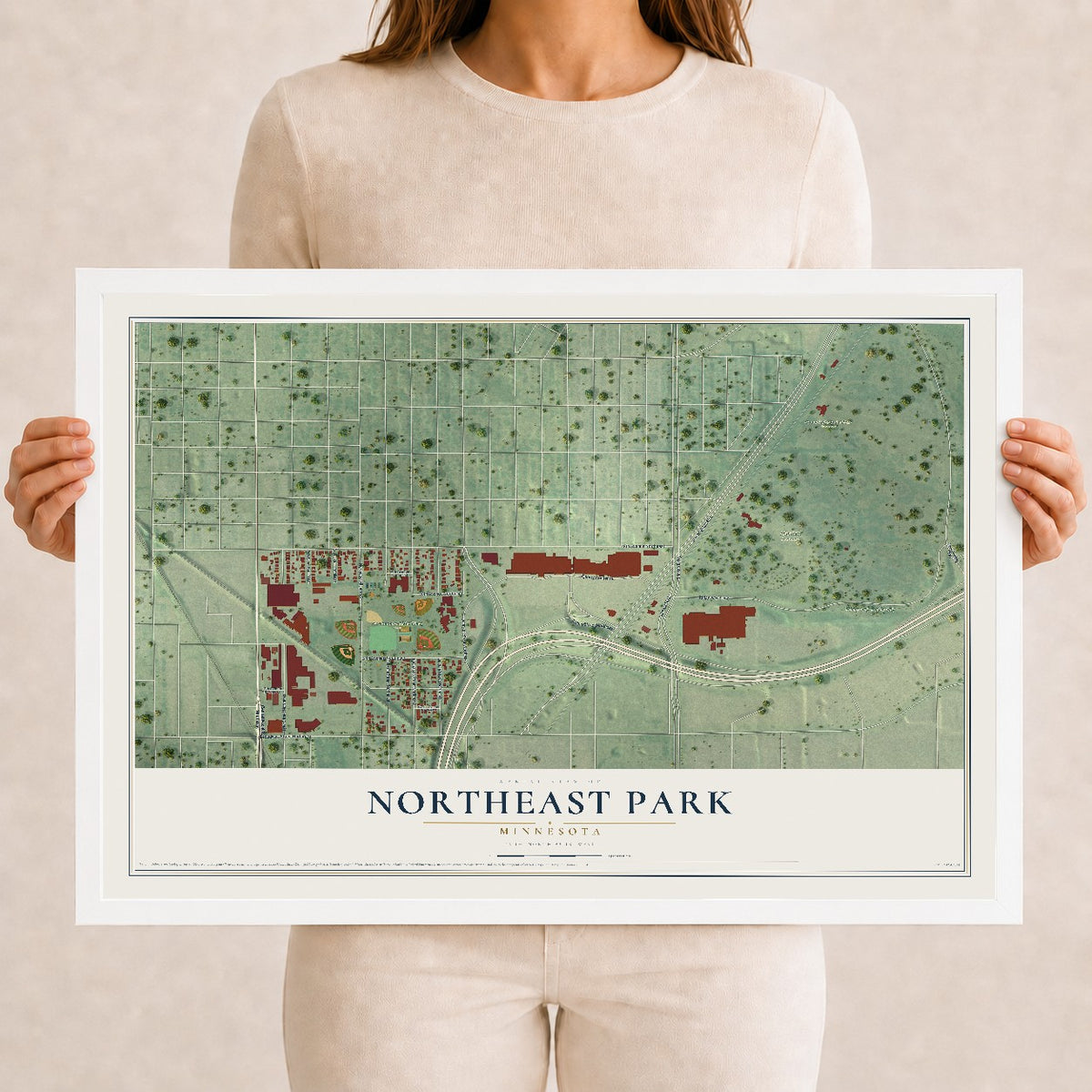 Map of Northeast Park, Minnesota, 12 x 18 inch print in a white wood frame