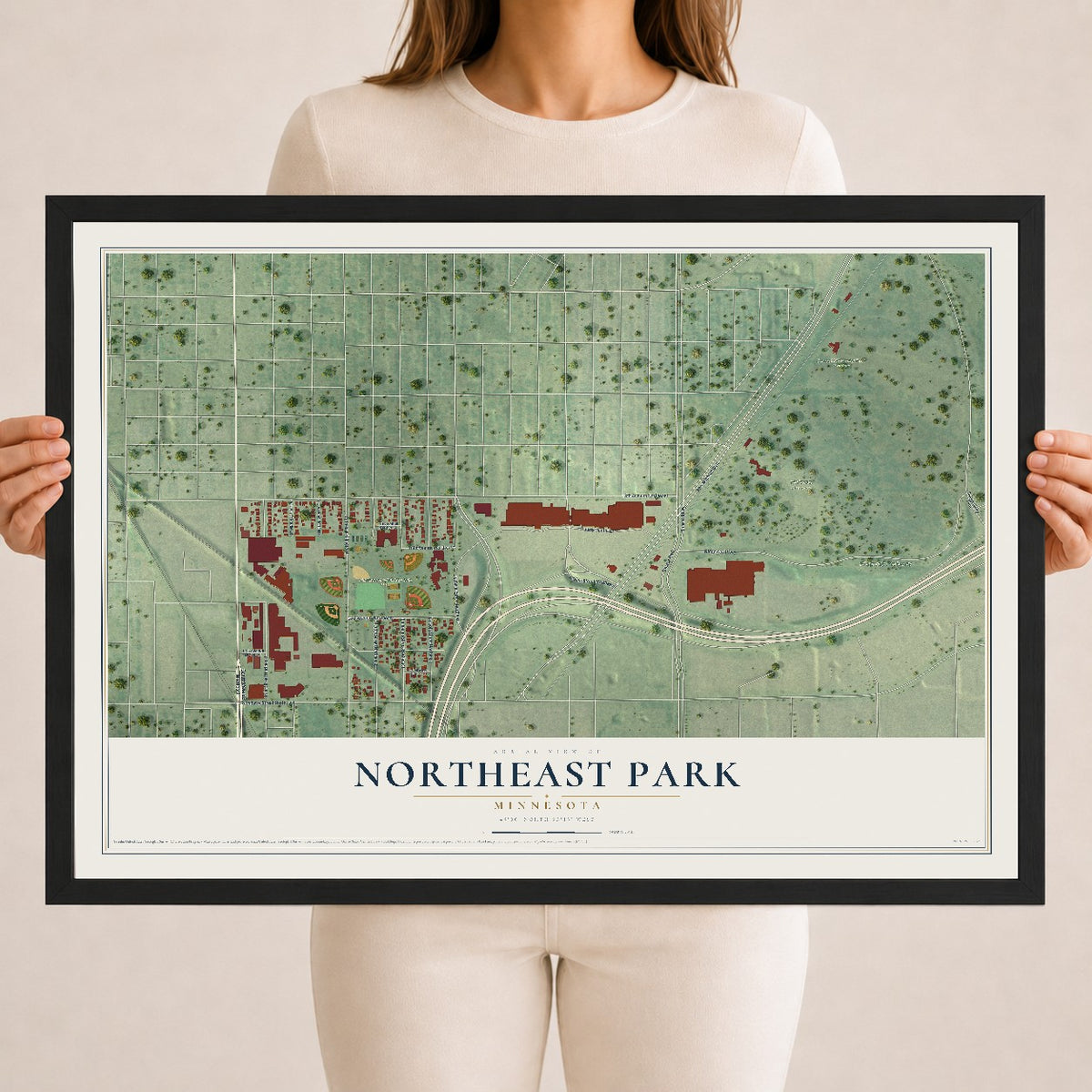 Map of Northeast Park, Minnesota, 18 x 24 inch print in a black wood frame