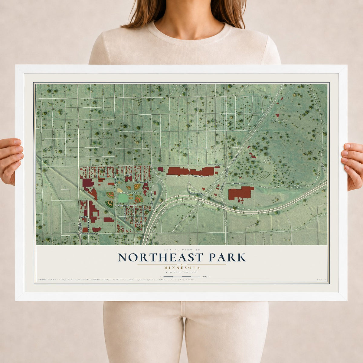 Map of Northeast Park, Minnesota, 18 x 24 inch print in a white wood frame