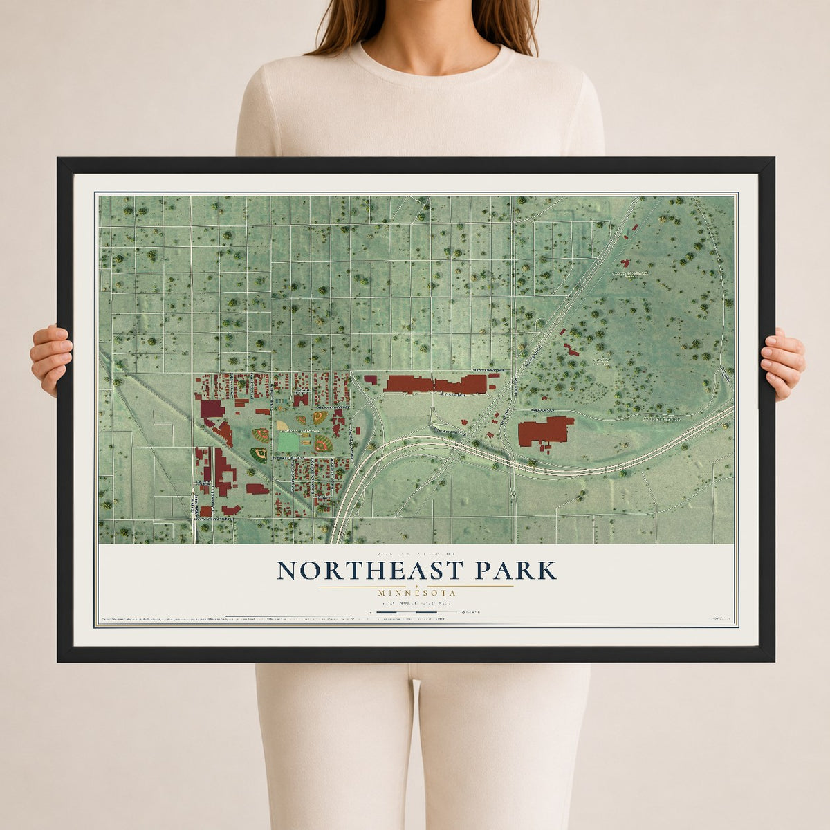 Map of Northeast Park, Minnesota, 24 x 36 inch print in a black wood frame