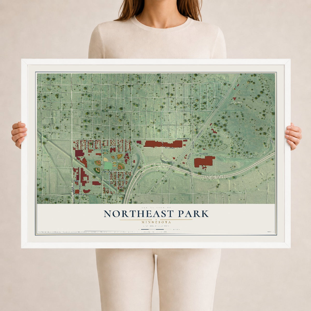 Map of Northeast Park, Minnesota, 24 x 36 inch print in a white wood frame