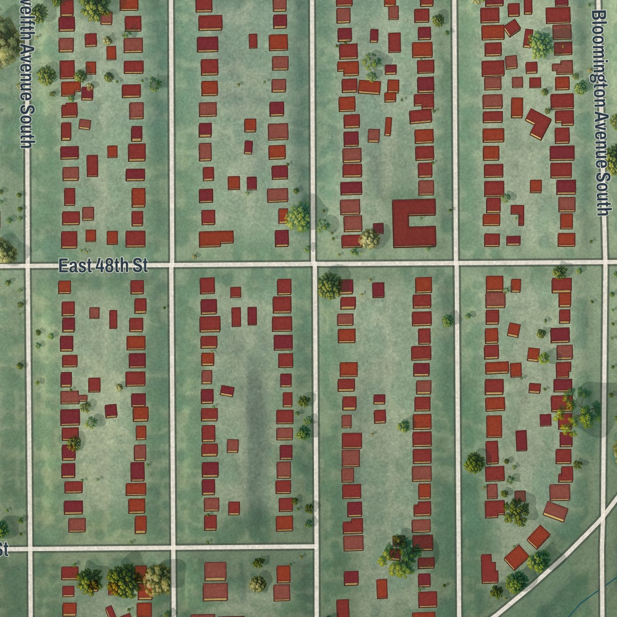 Second close-up of the map of Northrop, Minneapolis, Minnesota print showing more streets and buildings