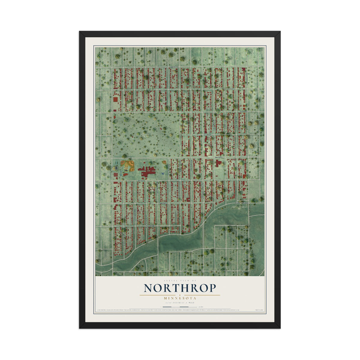 Map of Northrop, Minneapolis, Minnesota, 12 x 18 inch print in a black wood frame
