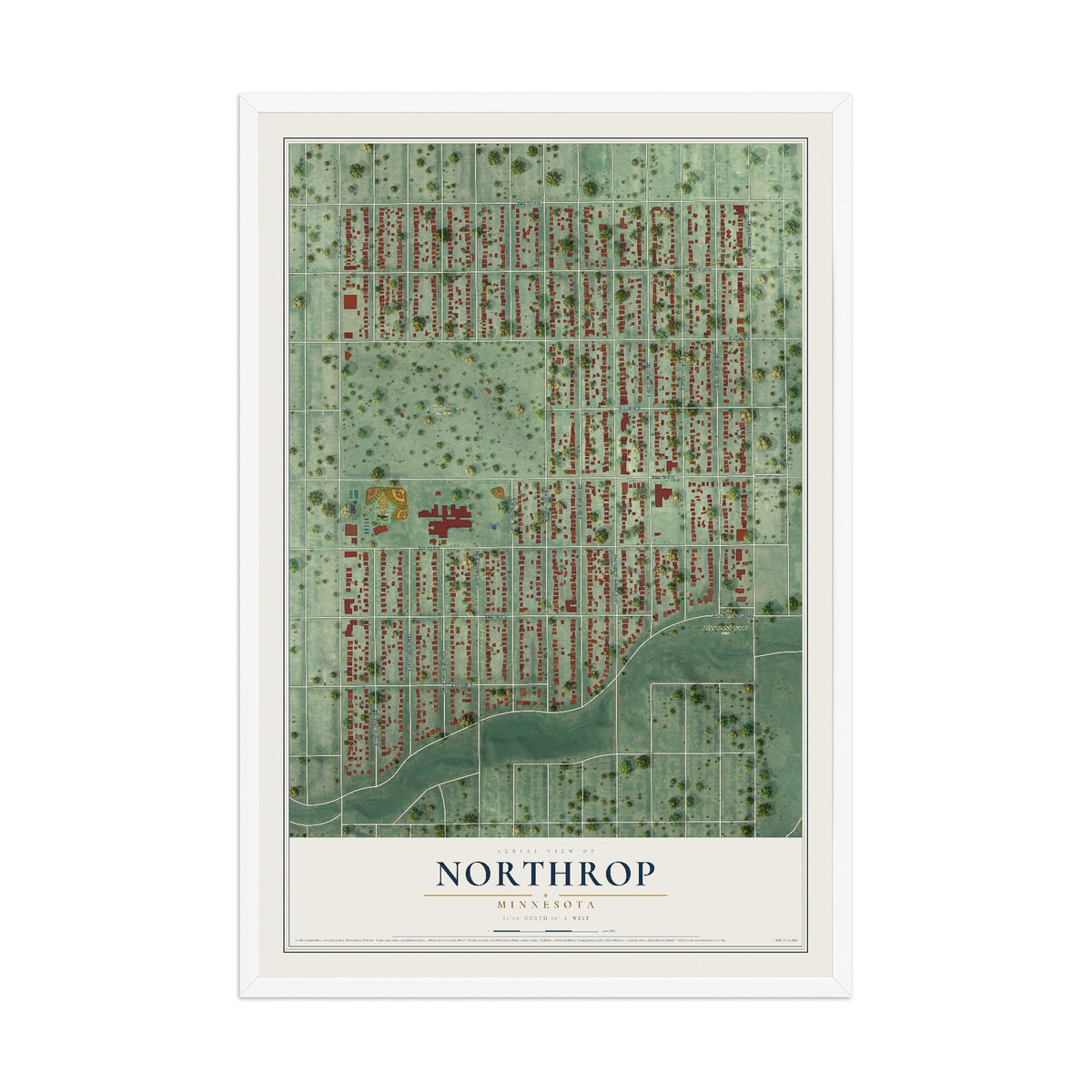 Map of Northrop, Minneapolis, Minnesota, 12 x 18 inch print in a white wood frame