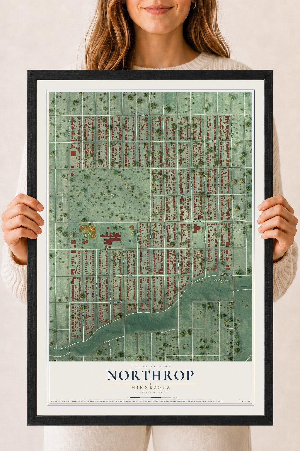 Map of Northrop, Minneapolis, Minnesota, 18 x 24 inch print in a black wood frame