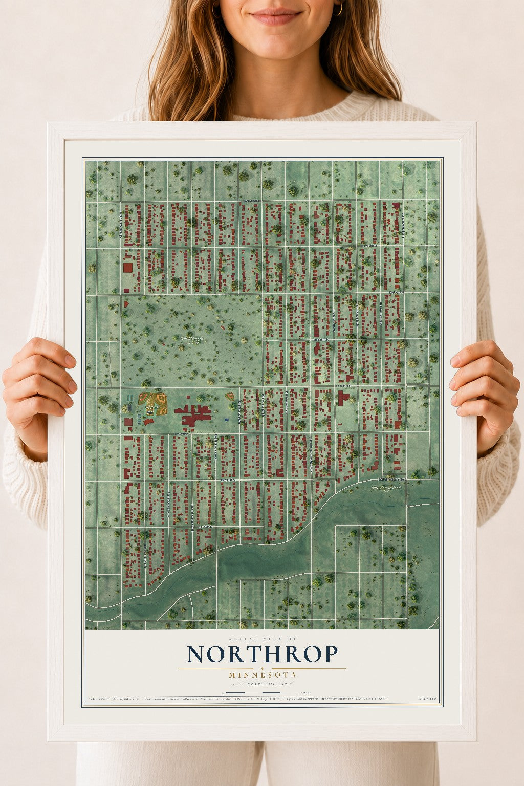 Map of Northrop, Minneapolis, Minnesota, 18 x 24 inch print in a white wood frame