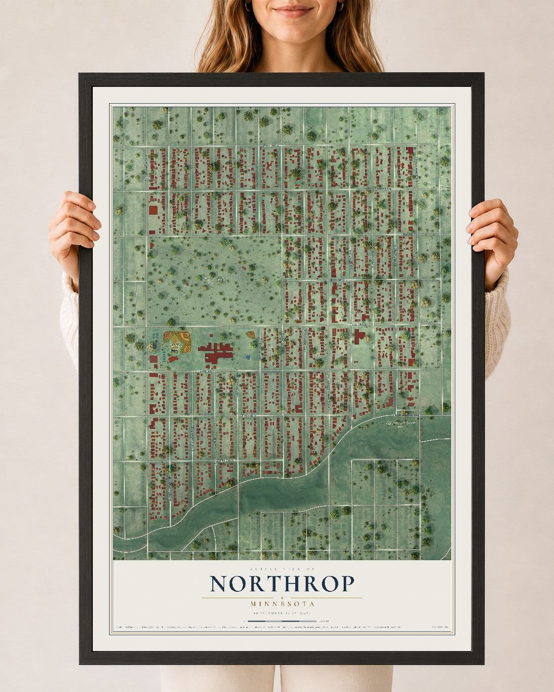 Map of Northrop, Minneapolis, Minnesota, 24 x 36 inch print in a black wood frame