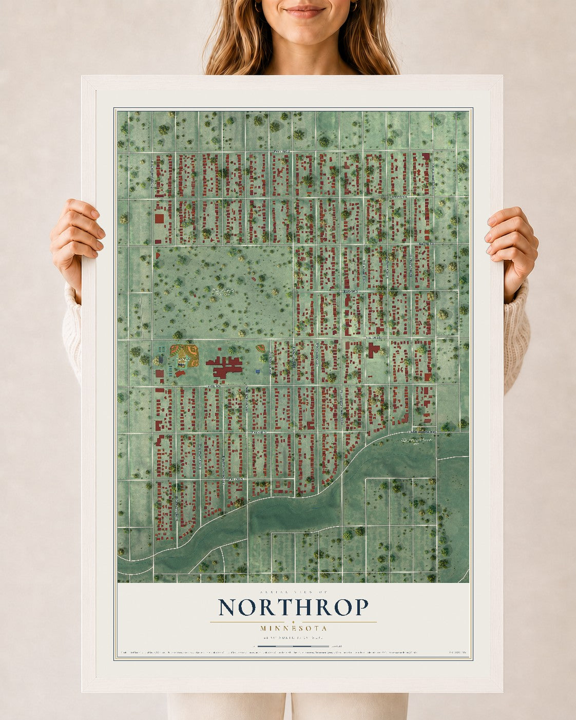 Map of Northrop, Minneapolis, Minnesota, 24 x 36 inch print in a white wood frame