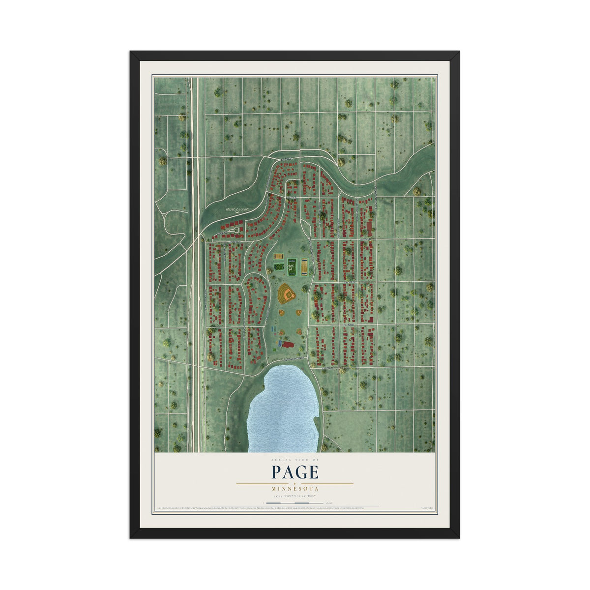 Map of Page, Minnesota, 12 x 18 inch print in a black wood frame